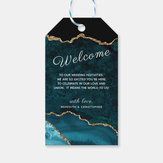 Blauwgroen Agate Gold Glitter Weddenschap Welkom Cadeaulabel (Voorkant)