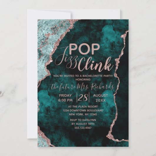Blauwgroen Agate Pop Fizz Clink Bachelorette Party Kaart (Voorkant)