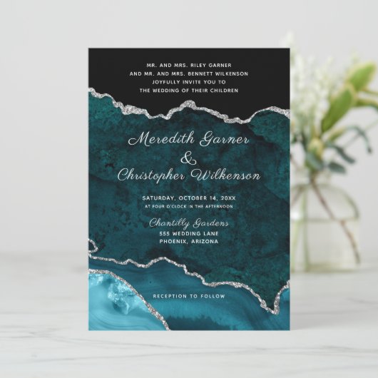 Blauwgroen Agate Silver Glitter Geode Formal Weddi Kaart (Staand voorkant)