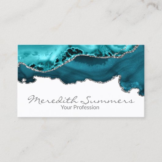 Blauwgroen Agate Stone Silver Metallic Custom Visitekaartje (Voorkant)