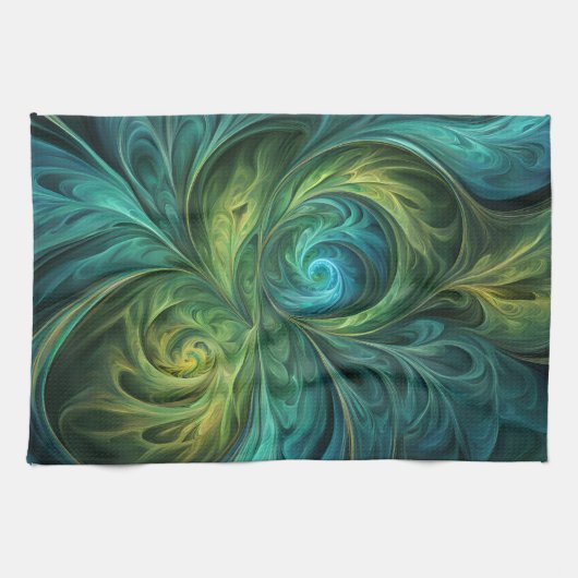 Blauwgroen AI fractaal patroon Theedoek (Horizontaal)