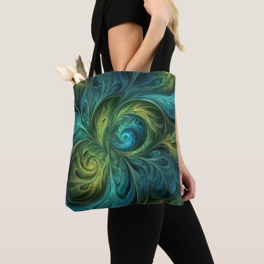 Blauwgroen AI fractaal patroon Tote Bag (Dichtbij)