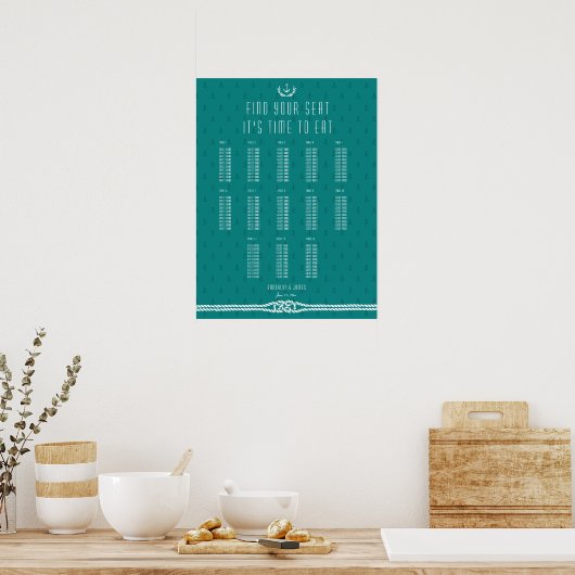 Blauwgroen anker Nautical Wedding Seating Chart Poster (Keuken)