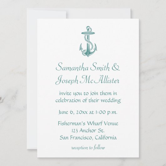Blauwgroen  Anker Nautische Bruiloft Kaart (Voorkant)
