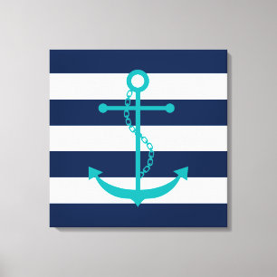Blauwgroen anker op blauwe strepen canvas afdruk