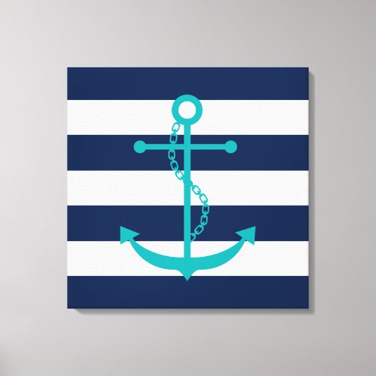Blauwgroen anker op blauwe strepen canvas afdruk (Voorkant)