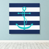 Blauwgroen anker op blauwe strepen canvas afdruk (Insitu (Houten vloer))