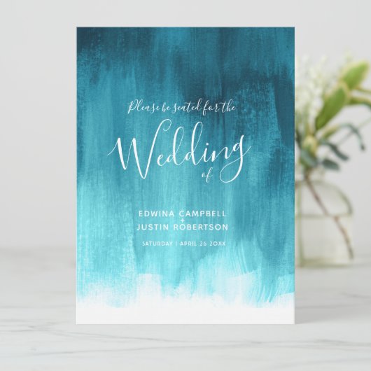 Blauwgroen aqua abstract geverfde bruiloft programmakaart (Staand voorkant)