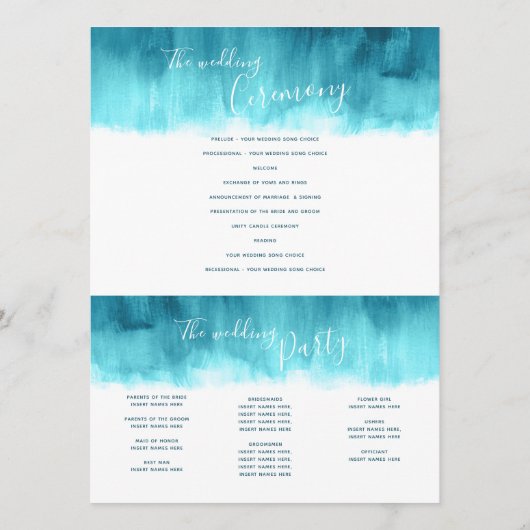 Blauwgroen aqua abstract geverfde bruiloft programmakaart (Achterkant)