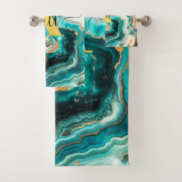 Blauwgroen Aqua Agaat Golden Custom Modern Monogra Bad Handdoek