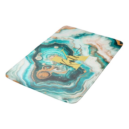 Blauwgroen Aqua Agaat Golden Custom Modern Monogra Badmat (Gekanteld)
