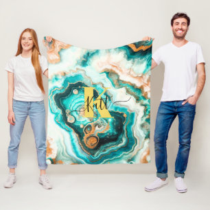 Blauwgroen Aqua Agaat Golden Custom Modern Monogra Fleece Deken