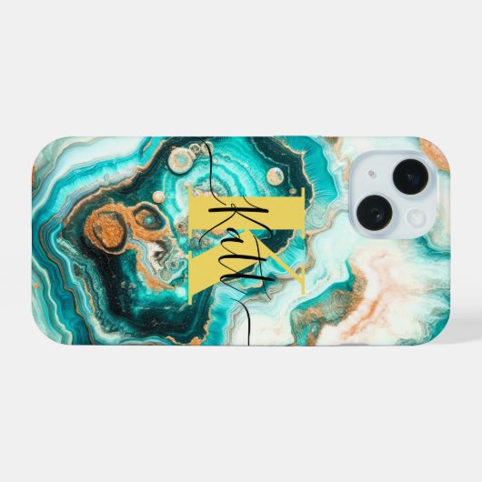 Blauwgroen Aqua Agaat Golden Custom Modern Monogra iPhone 15 Case (Achterkant horizontaal)