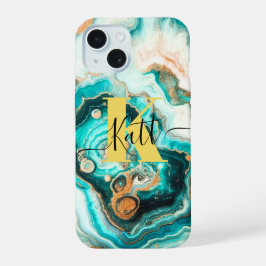 Blauwgroen Aqua Agaat Golden Custom Modern Monogra iPhone 15 Case