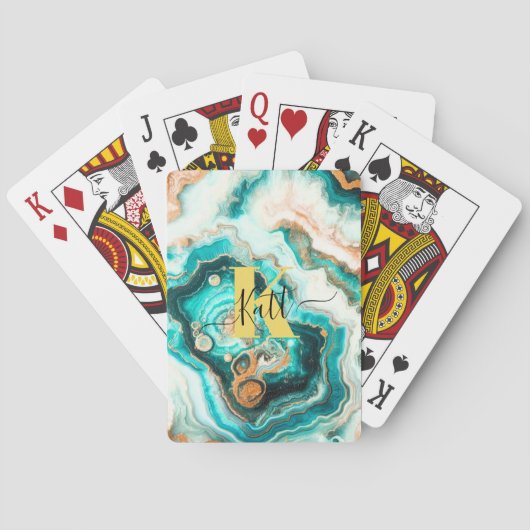 Blauwgroen Aqua Agaat Golden Custom Modern Monogra Pokerkaarten (Achterkant)
