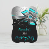 Blauwgroen Aqua Black Silver Bow Pearl Birthday Pa Kaart (Staand voorkant)