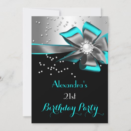 Blauwgroen Aqua Black Silver Bow Pearl Birthday Pa Kaart (Voorkant)