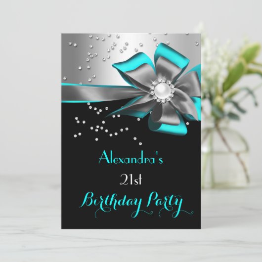 Blauwgroen Aqua Black Silver Bow Pearl Birthday Pa Kaart (Staand voorkant)