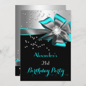 Blauwgroen Aqua Black Silver Bow Pearl Birthday Pa Kaart (Voorkant / Achterkant)