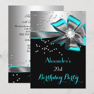 Blauwgroen Aqua Black Silver Bow Pearl Birthday Pa Kaart