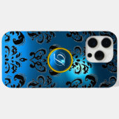 BLAUWGROEN AQUA BLUE BLACK DAMASK GEMSTONE MONOGRA Case-Mate iPhone CASE (Achterkant (horizontaal))