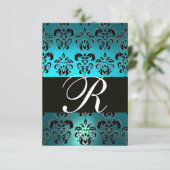 BLAUWGROEN AQUA BLUE BLACK DAMASK MONOGRAM RSVP (Staand voorkant)