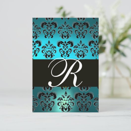 BLAUWGROEN AQUA BLUE BLACK DAMASK MONOGRAM RSVP (Staand voorkant)