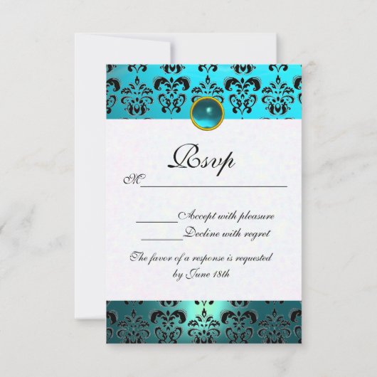 BLAUWGROEN AQUA BLUE BLACK DAMASK MONOGRAM RSVP (Achterkant)