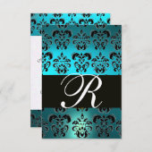 BLAUWGROEN AQUA BLUE BLACK DAMASK MONOGRAM RSVP (Voorkant / Achterkant)