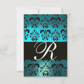 BLAUWGROEN AQUA BLUE BLACK DAMASK MONOGRAM RSVP KAARTJE (Voorkant)