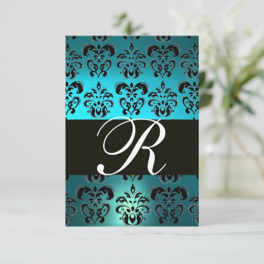 BLAUWGROEN AQUA BLUE BLACK DAMASK MONOGRAM RSVP KAARTJE (Staand voorkant)