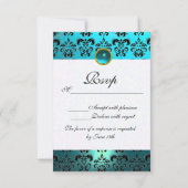 BLAUWGROEN AQUA BLUE BLACK DAMASK MONOGRAM RSVP KAARTJE (Achterkant)