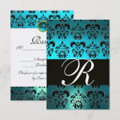 BLAUWGROEN AQUA BLUE BLACK DAMASK MONOGRAM RSVP KAARTJE (Voorkant / Achterkant)