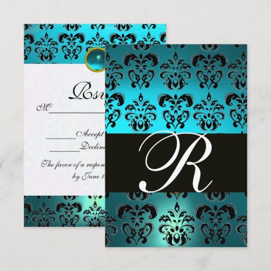 BLAUWGROEN AQUA BLUE BLACK DAMASK MONOGRAM RSVP KAARTJE (Voorkant / Achterkant)