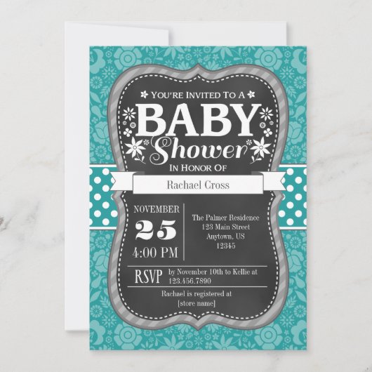 Blauwgroen Aqua Blue Chalkboard Floral Baby shower Kaart (Voorkant)
