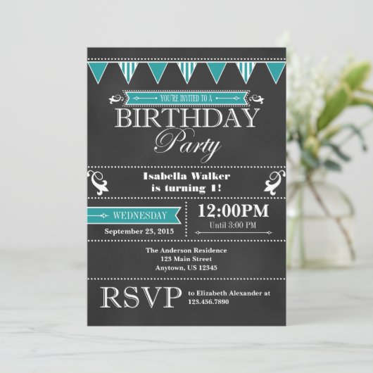Blauwgroen Aqua Blue Chalkboard verjaardagsuitnodi Kaart (Staand voorkant)