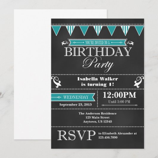 Blauwgroen Aqua Blue Chalkboard verjaardagsuitnodi Kaart (Voorkant / Achterkant)