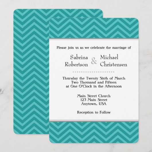 Blauwgroen Aqua Blue Chevron Wedding Invitations Kaart (Voorkant / Achterkant)