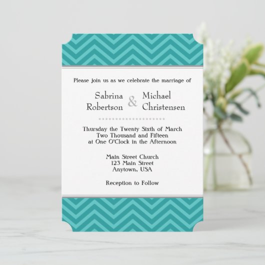 Blauwgroen Aqua Blue Chevron Wedding Invitations Kaart (Staand voorkant)