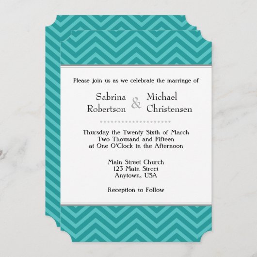 Blauwgroen Aqua Blue Chevron Wedding Invitations Kaart (Voorkant / Achterkant)