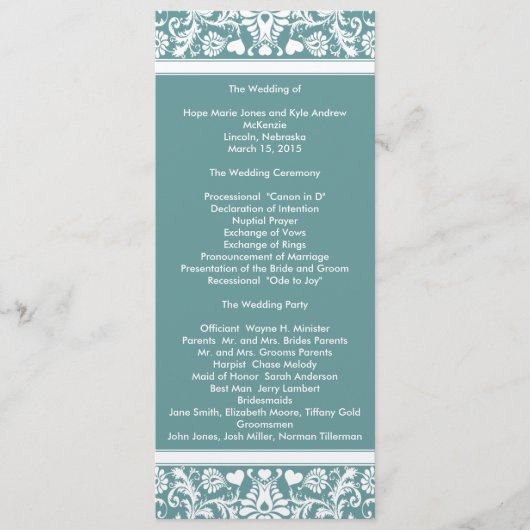 Blauwgroen Aqua Blue Damask Swirls Trouwprogramma Programmakaart (Voorkant)