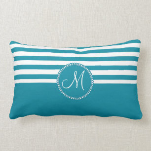 Blauwgroen Aqua Blue en White Striped Monogram Kussen
