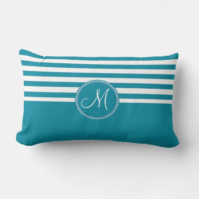 Blauwgroen Aqua Blue en White Striped Monogram Kussen (Voorkant)