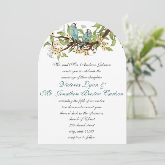 Blauwgroen Aqua Blue en Yellow Bird Wedding Kaart (Staand voorkant)