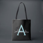 Blauwgroen Aqua Blue Girly Script Monogram Name Mo Tote Bag<br><div class="desc">Zwart en Blauwgroen Aqua Blue Elegant Voeg je eigen naam toe Monogram Boekentas. Deze boekentas kan worden aangepast om uw initiaal en voornaam op te nemen en als cadeau te geven voor kerst,  lieve 16-verjaardag,  Vrijgezellenfeest of een bruiloft.</div>