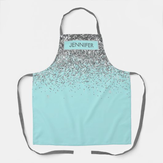 Blauwgroen Aqua Blue Glitter Girly Monogram Naam Schort (Voorkant)