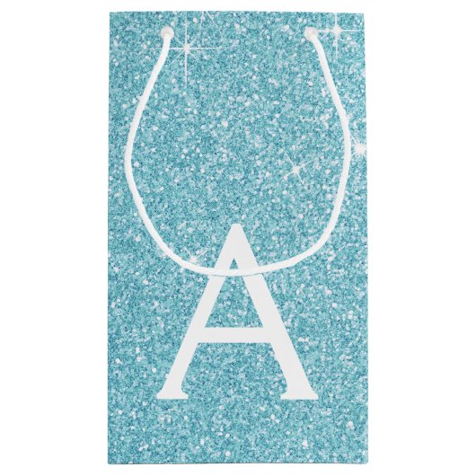 Blauwgroen Aqua Blue Glitter & Sparkle Monogram Klein Cadeauzakje (Achterkant)