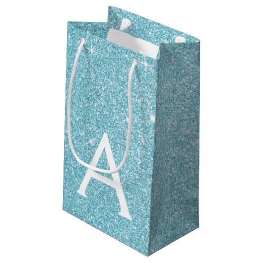 Blauwgroen Aqua Blue Glitter & Sparkle Monogram Klein Cadeauzakje (Achterkant Gekanteld)