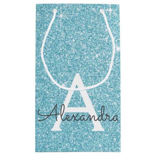 Blauwgroen Aqua Blue Glitter & Sparkle Monogram Klein Cadeauzakje (Achterkant)