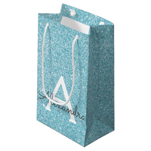 Blauwgroen Aqua Blue Glitter & Sparkle Monogram Klein Cadeauzakje (Voorkant Gekanteld)